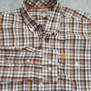 Cinch Mens Small Orange‎ Plaid Long Sleeve Button Shirt Embroidered Logo Pocket